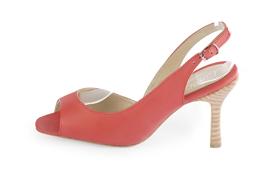 Women's coral open-toe dress pumps with back strap. Round toe. High spool heels - Profile view
